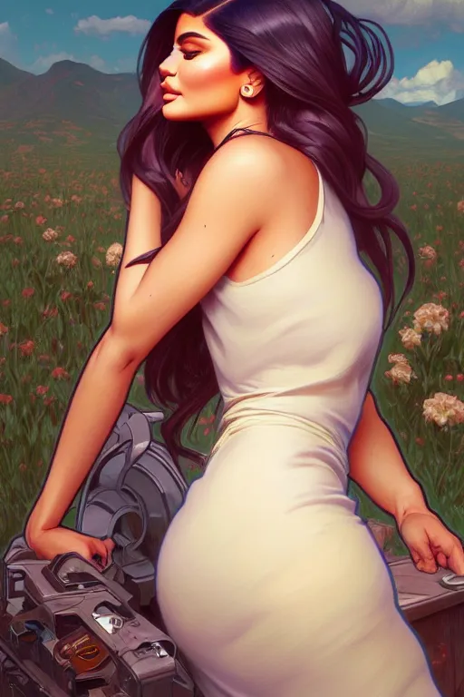 Prompt: clear portrait of kylie jenner, cottagecore!!, background hyper detailed, character concept, full body, dynamic pose, elegant, intricate, highly detailed, digital painting, artstation, concept art, smooth, sharp focus, illustration, art by artgerm and greg rutkowski and alphonse mucha