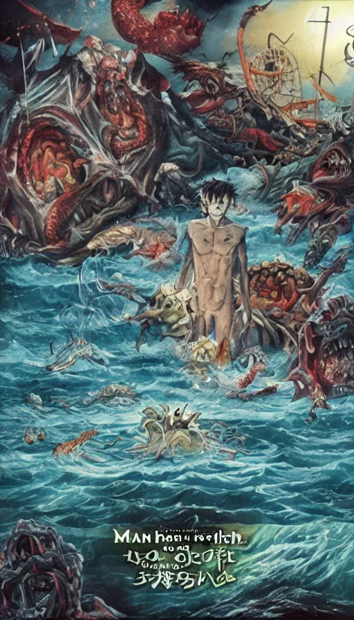 Image similar to man on boat crossing a body of water in hell with creatures in the water, sea of souls, by hideaki anno