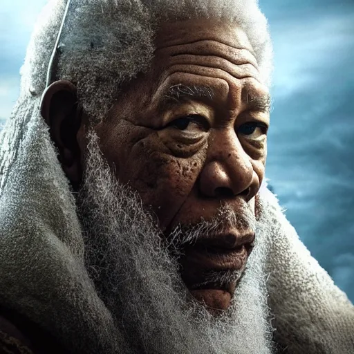 Image similar to profile photo of morgan freeman in a dark viking hood playing odin all father from the thor movie, highly detailed, cinematic shot, cinematic lighting, 8 k, exquisit facial detail