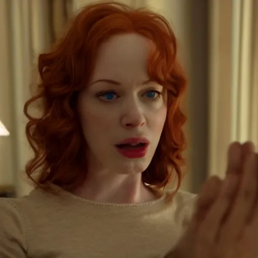 Image similar to amazing beautiful Christina Hendricks with mouth wide open in the living room, film still from the movie directed by Denis Villeneuve , wide lens