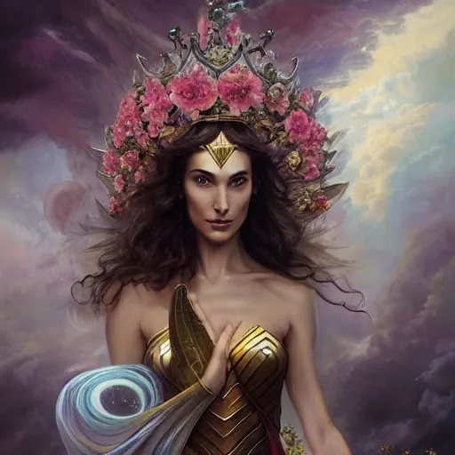 Prompt: fine art, long shot photo of the beauty goddess gal gadot, she has a crown of mesmerizing flowers, she is arriving heaven, background full of stormy clouds, by peter mohrbacher