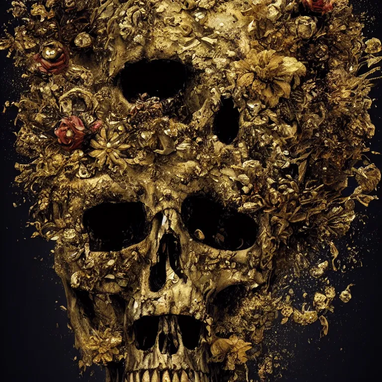 Prompt: A beautiful oil painting hyperrealism of a decayed black head, rotting black clay skin, skull bones, close up, gold flowers, gold floral headdress, 8k resolution, octane render, Trending on artstation, by Gediminas Pranckevicius, volumetric light 2blue fractal Thunder glow by dan mumford, anaglyph effect, Laurie Lipton