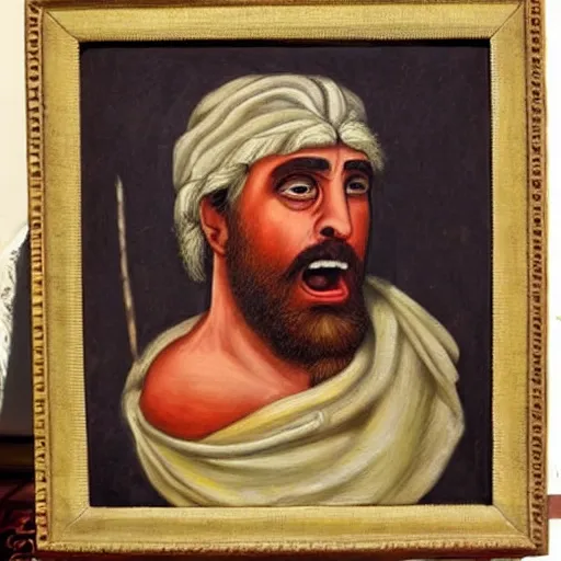 Prompt: portrait of ancient greek man yawning with big eyes and sharp nose. fine detail. artistic painting by lurid