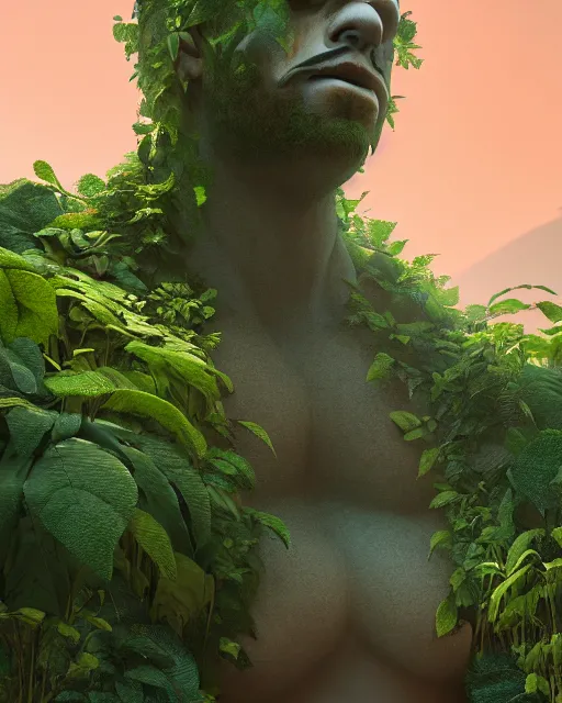 Image similar to giant anonymous statue, beautiful jungle landscape, beautiful vines growing, in the style of beeple and mike winkelmann, intricate, epic lighting, cinematic composition, hyper realistic, 8 k resolution, unreal engine 5, raytracing, reflections, happy colors