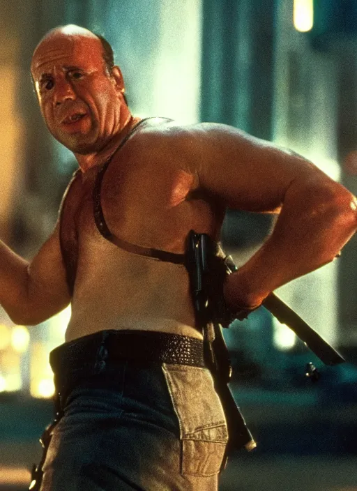 Prompt: film still of Danny DeVito as John McClane in Die Hard, 4k