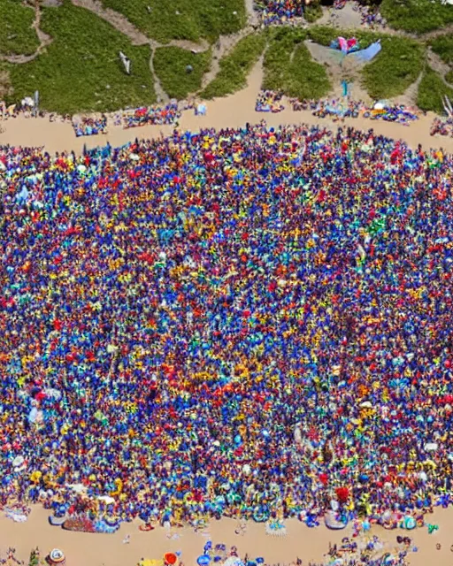 Prompt: thousands of hippie sunbathers on a beach, together form a peace symbol, photorealistic