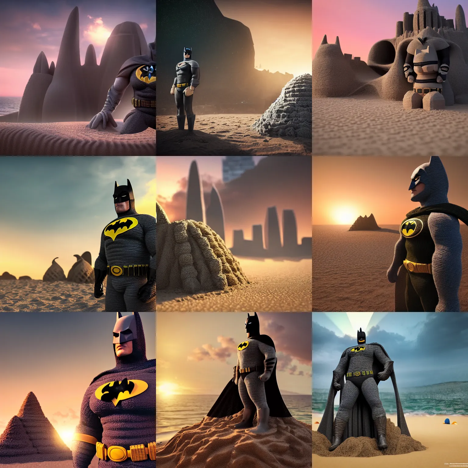 Prompt: a photorealistic image of a large knitted batman guarding his batcave sandcastle during sunset at the beach Trending on artstation, featured on Behance, well-rendered, Unreal Engine, 4K HD