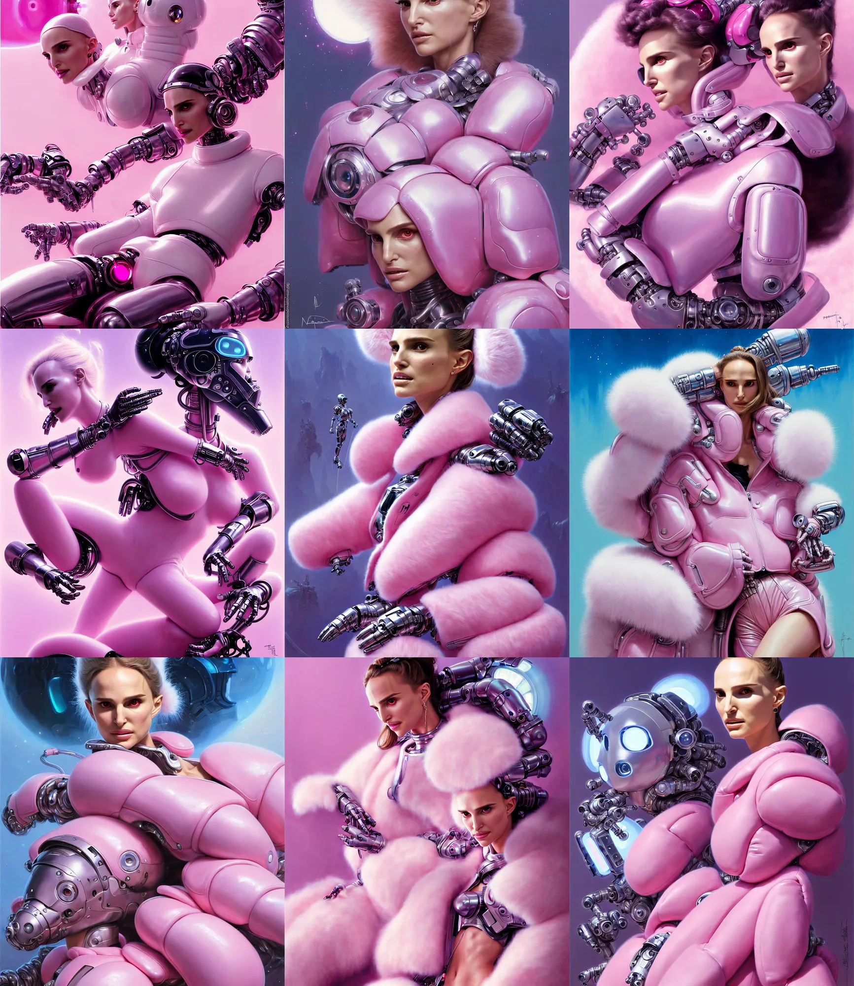 Prompt: beautiful fantasy character portrait of a natalie portman cyborg, wearing pink puffy bomber jacket with white fur, seductive reclining pose, ultra realistic, terminator lighting, robots, the fifth element artifacts, highly detailed by peter mohrbacher, hajime sorayama, wayne barlowe, boris vallejo, aaron horkey, gaston bussiere, craig mullins