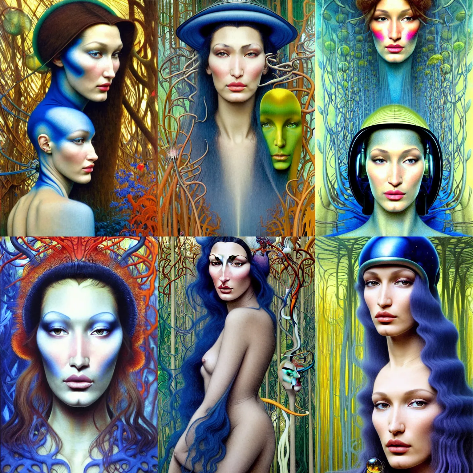 Prompt: realistic detailed face portrait painting of a beautiful bella hadid with blond hair with sci-fi headwear, futuristic sci-fi forest on background by Jean Delville, Amano, Yves Tanguy, Alphonse Mucha, Edward Robert Hughes, Roger Dean, moebius, hilma af klint, rich moody colours, blue eyes