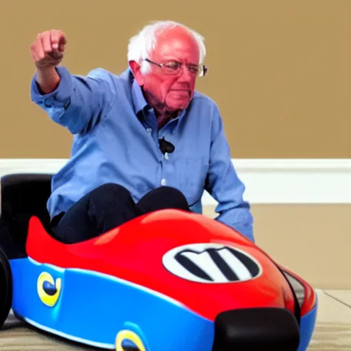 Prompt: Bernie Sanders playing Mario Kart