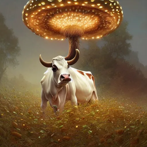 Image similar to long shot photo of a cow with many mushrooms sprouting from it's back and top, highly detailed, digital painting, artstation, smooth, sharp focus, illustration, art by artgerm and greg rutkowski and alphonse mucha
