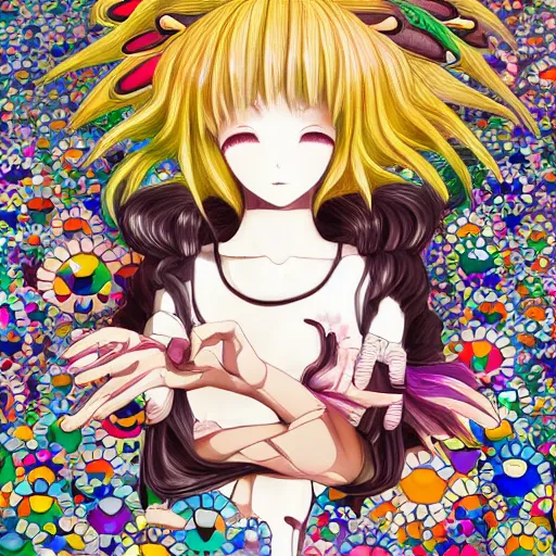 Image similar to an anime worm girl, beautiful shadowing, 3 d shadowing, reflective surfaces, illustrated completely, 8 k beautifully detailed pencil illustration, extremely hyper - detailed pencil illustration, intricate, epic composition, very very kawaii, masterpiece, bold complimentary colors. stunning masterfully painted by takashi murakami