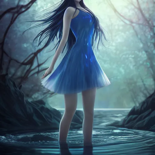 Image similar to advanced digital portrait painting photograph, a very beautiful anime girl wearing a dress made of water standing in a crystal lake turning into mist , full body, very long black hair, azure blue watery eyes, full round face, cinematic lighting, MCU, mid-shot, highly detailed, trending on artstation, Unreal Engine 4k, Stanley Artgerm Lau, WLOP, Rossdraws, James Jean, Andrei Riabovitchev, Marc Simonetti, and Sakimichan