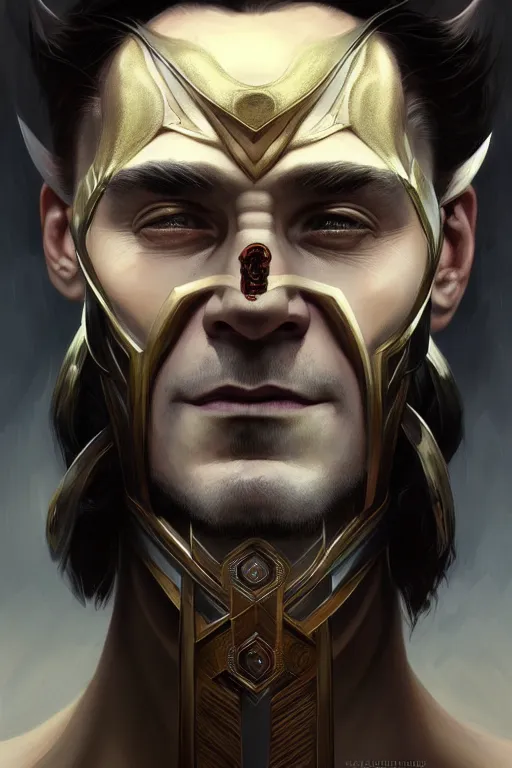 Image similar to symmetry!! portrait of loki in the style of god of war, machine parts embedded into face, intricate, elegant, highly detailed, digital painting, artstation, concept art, smooth, sharp focus, illustration, art by artgerm and greg rutkowski and alphonse mucha, 8 k