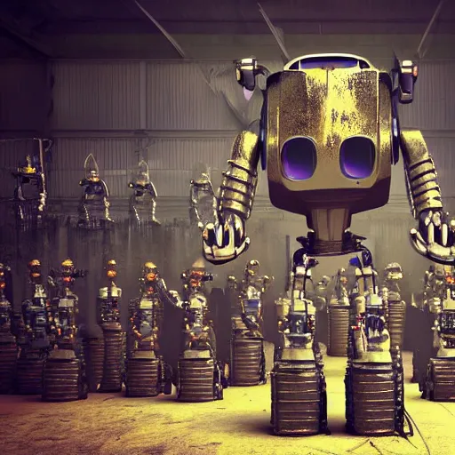 Prompt: a realistic crazy robot wearing a welding helmet, welding helmet head, one fist raised high in triumph, raised fist, standing in front of hundreds of large robots inside a huge rusty dingy warehouse, huge army of robots, raygun gothic, atomic punk, digital art, detailed render