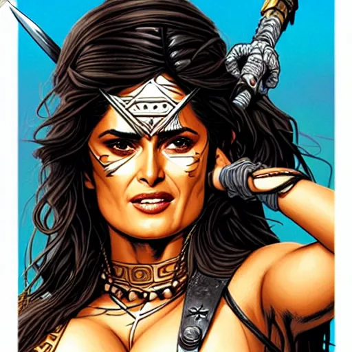 Prompt: a portrait of Salma Hayek as a barbarian warrior intricate details by MARVEL comics and Sandra Chevrier