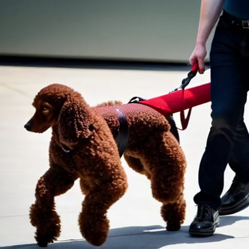 Prompt: a closeup photo of elon musk walking his big mutant poodle, f 2. 8, 1 0 0 mm lens