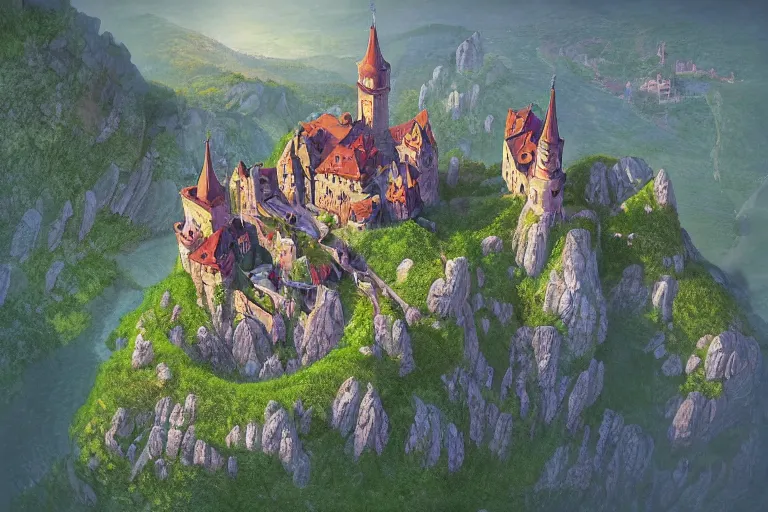 Image similar to an illustration of enchanting castle on top of a cliff, overlooking a beautiful vast landscape by gediminas pranckevicius, aerial view