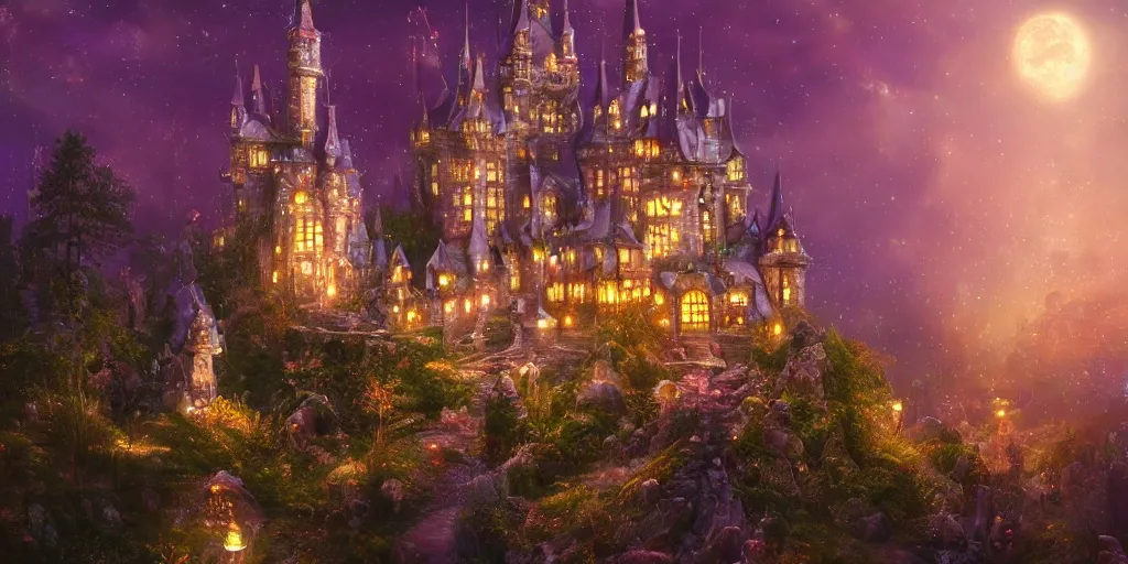 Image similar to a glittering fairy castle at night, extremely detailed oil painting, unreal 5 render, fantasy digital art, octane render, beautiful composition, trending on artstation, award-winning photograph, masterpiece