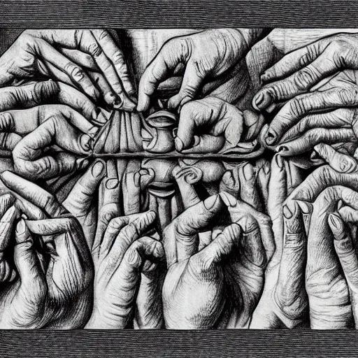 Prompt: A human hand drawing by Escher and Bach