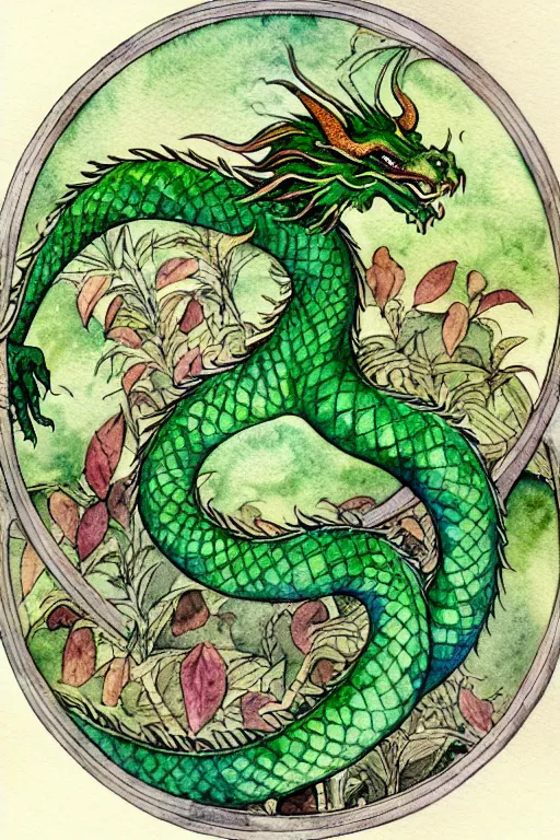 Image similar to green dragon watercolor painting in the center of a circular frame of leaves, art by walter crane and arthur rackham, illustration style, watercolor