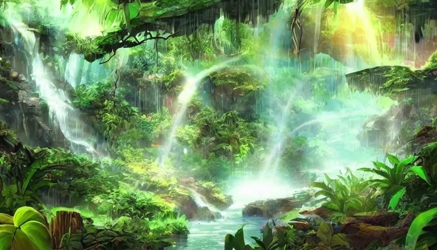 Prompt: concept art of underground jungle cave with waterfalls, luminescent plants, colorful, high detailed, ultra realistic