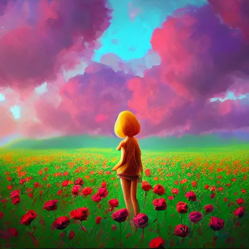 Image similar to large rose as a face, girl frontal in a flower field, surreal photography, sunrise dramatic light, impressionist painting, colorful clouds, digital painting, artstation, simon stalenhag