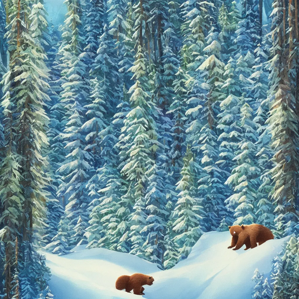 Image similar to a bear skiing down hill through a forest. the bear is a cute humanoid fluffy cub, light rays are shining through the trees above, beautiful light. trending on artstation 4 k award in winning artwork. vivid colors. detailed painting. kids book illustration.