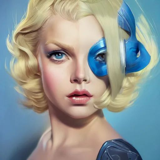 Image similar to portrait of beautiful girl with blond hair and blue eyes, League of Legend illustration by Sam Youn:2, profile picture by Gil Elvgren:2, asymmetrical, Organic Painting, Ambient Occlusion:3, Matte Painting, bold shapes, hard edges, street art, trending on artstation, realistic:2 by Sachin Teng:5