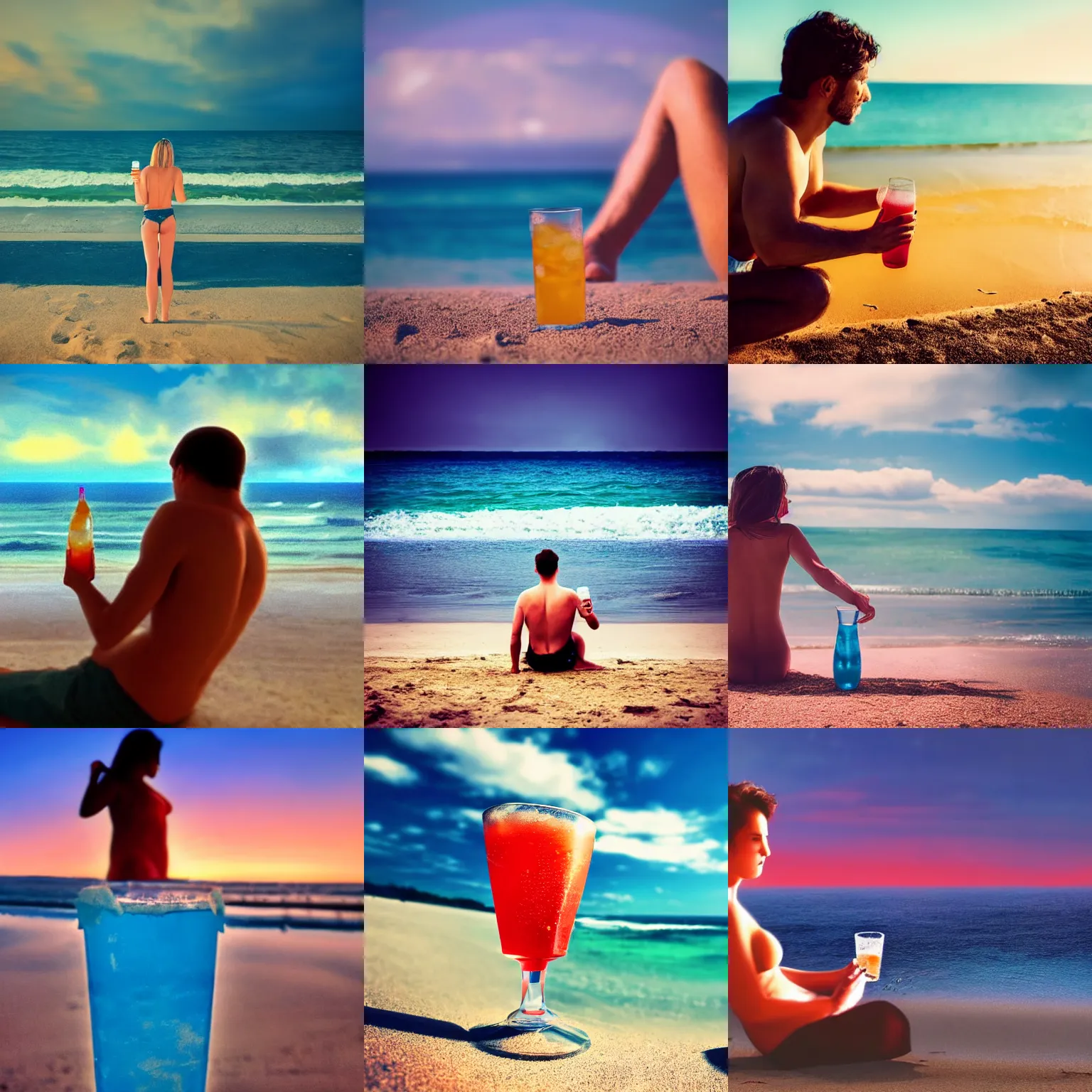 Prompt: human on a beach enjoying cold drink, cinematic establishing shot, magical colours and atmosphere, perfect coherent composition, super realistic, professional photography 1 6 k