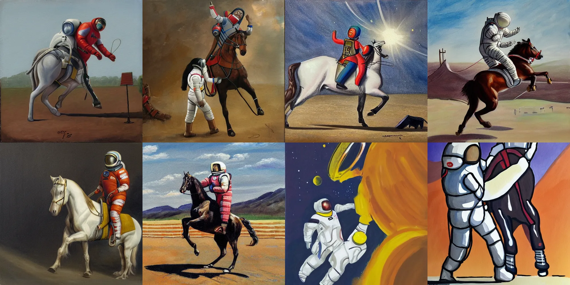 Prompt: painting of heavy lifting athlete in spacesuit getting up a horse