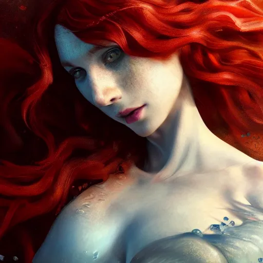 Image similar to a portrait of woman with long dark curly red hair under the water, stoic, windy, pale skin with dark scales, mermaid, alone, underwater, fish, white eyes, dramatic, epic painting, painting by wlop and nixeu, semirealism, artstation, octane render, sharpness, 8 k, golden ratio