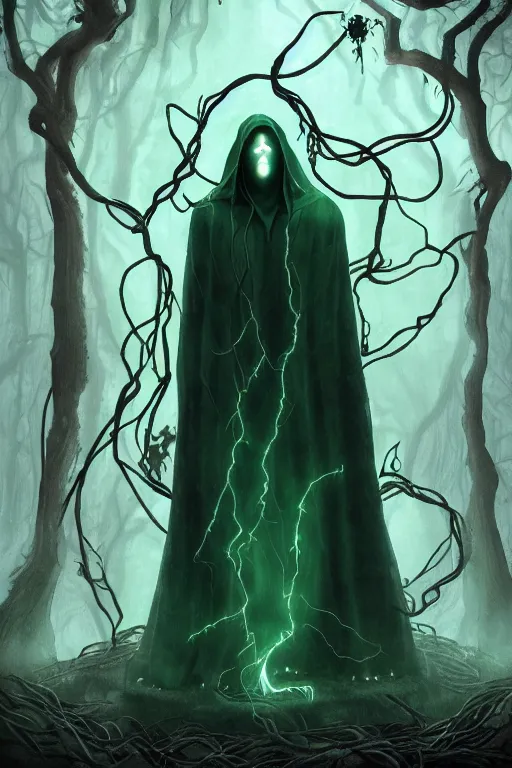 Prompt: A full body portrait of a ghost like shaman with no face, glowing eyes and a very long hooded dark green cloak of leaves and vines, forest spirits flying in the background art by Shaddy Safadi and Jason Chan, ominous, cosmic horror, trending on artstation, Ultra detailed, hyper realistic 4k