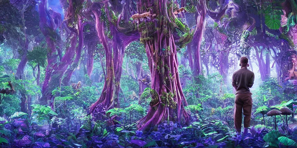 Image similar to extra wide view. person made of mushrooms standing in a marvelous magic forest jungle inhabited with fantastic creatures. iridescent. annihilation. hyper - detailed. hyperreal. unreal render.