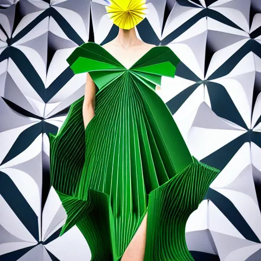 Image similar to portrait of a beautiful model wearing origami themed paper flower and geometric shapes haute couture by issey miyake