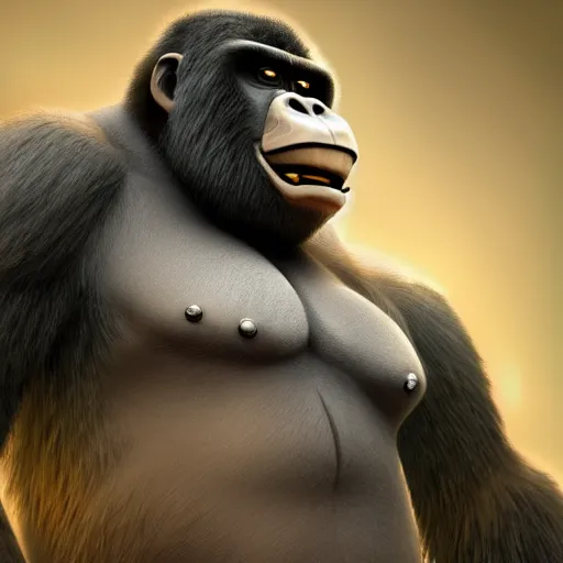 Prompt: angry tough gorilla with tattoos, punk gorilla, interesting 3 d character concept by tiger hkn and gediminas pranckevicius, maplestory, game art, hyper detailed, character modeling, cartoon, cinematic, ray tracing, fur details, maya, c 4 d