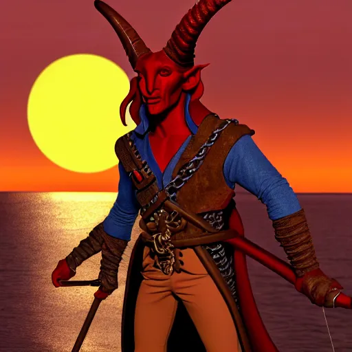 Image similar to a red skinned horned male tiefling, dungeons and dragons, chiseled features, wearing a pirate coat with shiny gold buckles and a rapier on his hip, standing at the prow of his ship looking out over the water, uhd, 8 k, high detail, sunset lighting