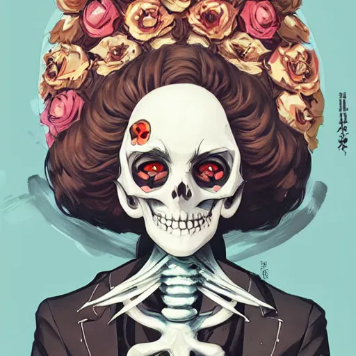 Image similar to anime manga skull portrait young woman skeleton, cuphead, painterly, logo, graffiti, elegant, highly detailed, digital art, art by jc leyendecker and sachin teng