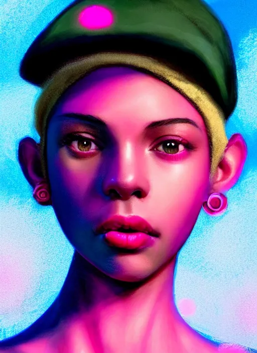 Image similar to portrait of teenage vanessa morgan with bright pink hair, black girl, curly pixie cut hair, wearing newsboy cap, pink short haircut, newsboy cap, hoop earrings, blue eyes, intricate, elegant, glowing lights, highly detailed, digital painting, artstation, concept art, smooth, sharp focus, illustration, art by wlop, mars ravelo and greg rutkowski