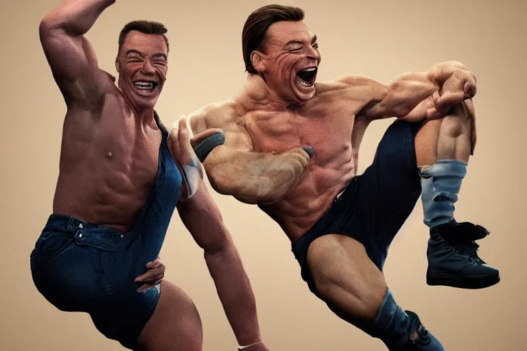 Prompt: hyperrealistic 1992 Jean Claude Vandamme doing the splits, laughing hysterically, doing the spilts with his legs going pointing two separate directions, between two chairs over a toilet, golden hour, smiling, award winning, 8k, trending on artstation