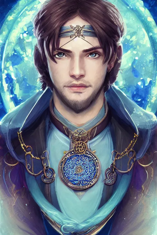 Image similar to beautiful portrait of a handsome young male wizard wearing a fancy blue tunic, l medallion!! around neck, art by wlop and artgerm, steampunk fiction, detailed deep blue eyes, ( long dark brown hair in ponytail!!!! ), space background, artstation, sharp focus, illustration, caustics, octane render, 4 k, radiant light