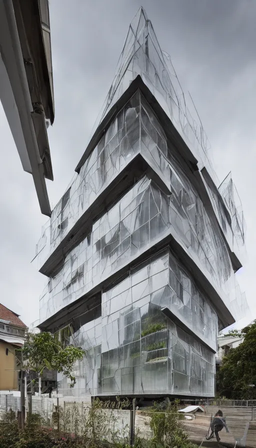 Image similar to exterior shot of a contemporary minimalistic 2 floors greenhouse architecture in a city block, with a transparent facade made in wood textile, front view, creepy , overcast, highly detailed, iwan baan