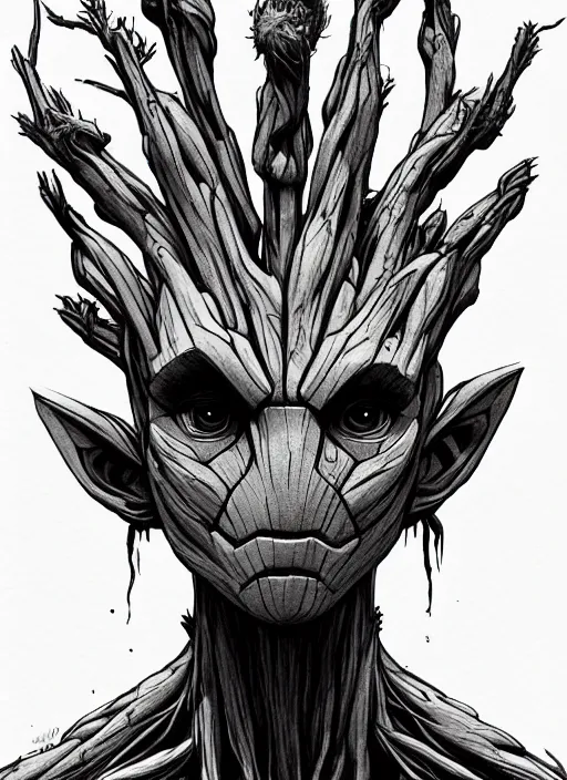 Prompt: symmetry concpet art, full shot, traditional ink, sketch, of groot, line sketch, intricate, elegant, highly detailed, monochrome, digital painting, artstation, concept art, sharp focus, illustration, art by borderlands 3 and peter polach