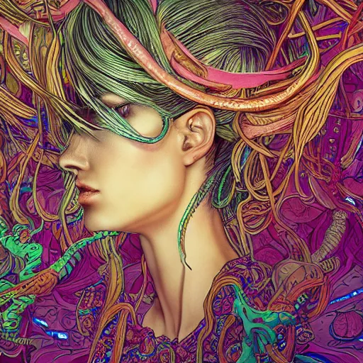 Image similar to the portrait of an unbelievably beautiful woman partially made of onion rings, an ultrafine detailed illustration by james jean, final fantasy, intricate linework, bright colors, behance contest winner, vanitas, angular, altermodern, unreal engine 5 highly rendered, global illumination, radiant light, detailed and intricate environment