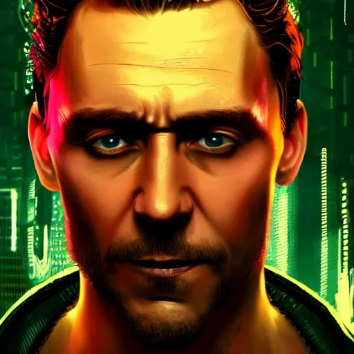 Image similar to tom hiddleston portrait, Cyberpunk 2077, cyberpsycho, photorealistic, ultra detailed, neon, octane, bokeh, cyber, cyberpunk city, feature, scars, cyberface, 8k