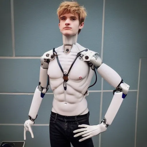 Image similar to “a realistic detailed photo of a guy who is an attractive humanoid who is half robot and half humanoid, who is a male android, twitch streamer Ninja Tyler Blevins, shiny skin, posing like a statue, blank stare”