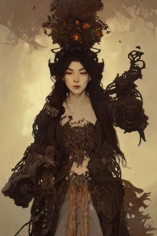 Prompt: A full portrait of a beautiful terrible dystopian junktown Japanese necromancer sorcerer enchanter, intricate, elegant, highly detailed, digital painting, artstation, concept art, smooth, sharp focus, illustration, art by Krenz Cushart and Artem Demura and alphonse mucha