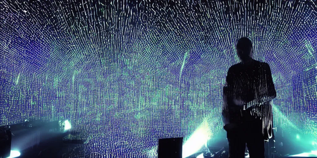 Image similar to Thom Yorke singer songwriter, Radiohead group of people on stage playing instruments, elaborate stage effects, dust, smoke, giant LED screens, colored projections, ultrafine detail, glowing thin wires, smoke, high contrast, projections, a screenshot by David Gilmour Blythe, holography, tesseract, volumetric lighting, anamorphic lens flare