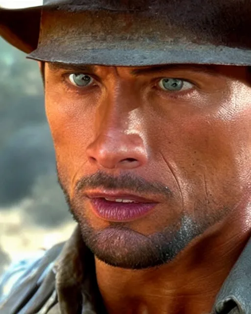 Image similar to Film still close-up shot of Dwayne Johnson as Indiana Jones in the movie Raiders of the Lost Ark. Photographic, photography