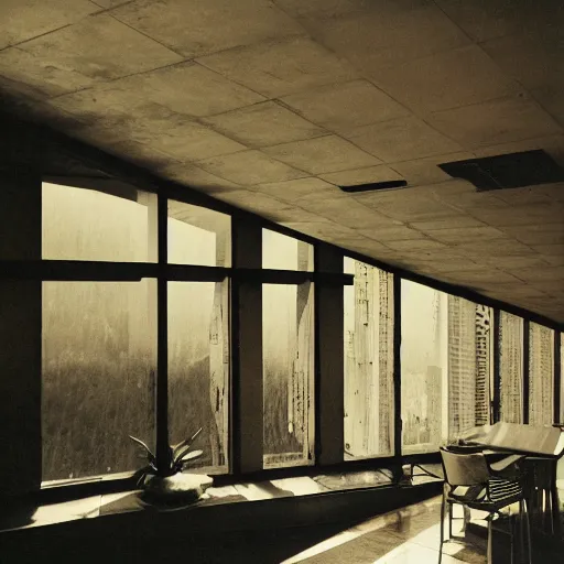 Image similar to eco brutalist interior with high celing and big windows, highly detailed, excellent composition, dramatic lighting, photography, 3 5 mm, kodak film